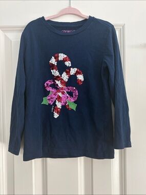 Crewcuts Navy Long Sleeve Sequin Candy Cane Bow Tee